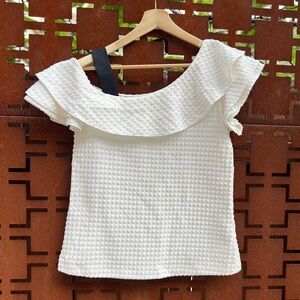 Banana Republic Chic White and Black Shoulder Ruffle Knit Blouse